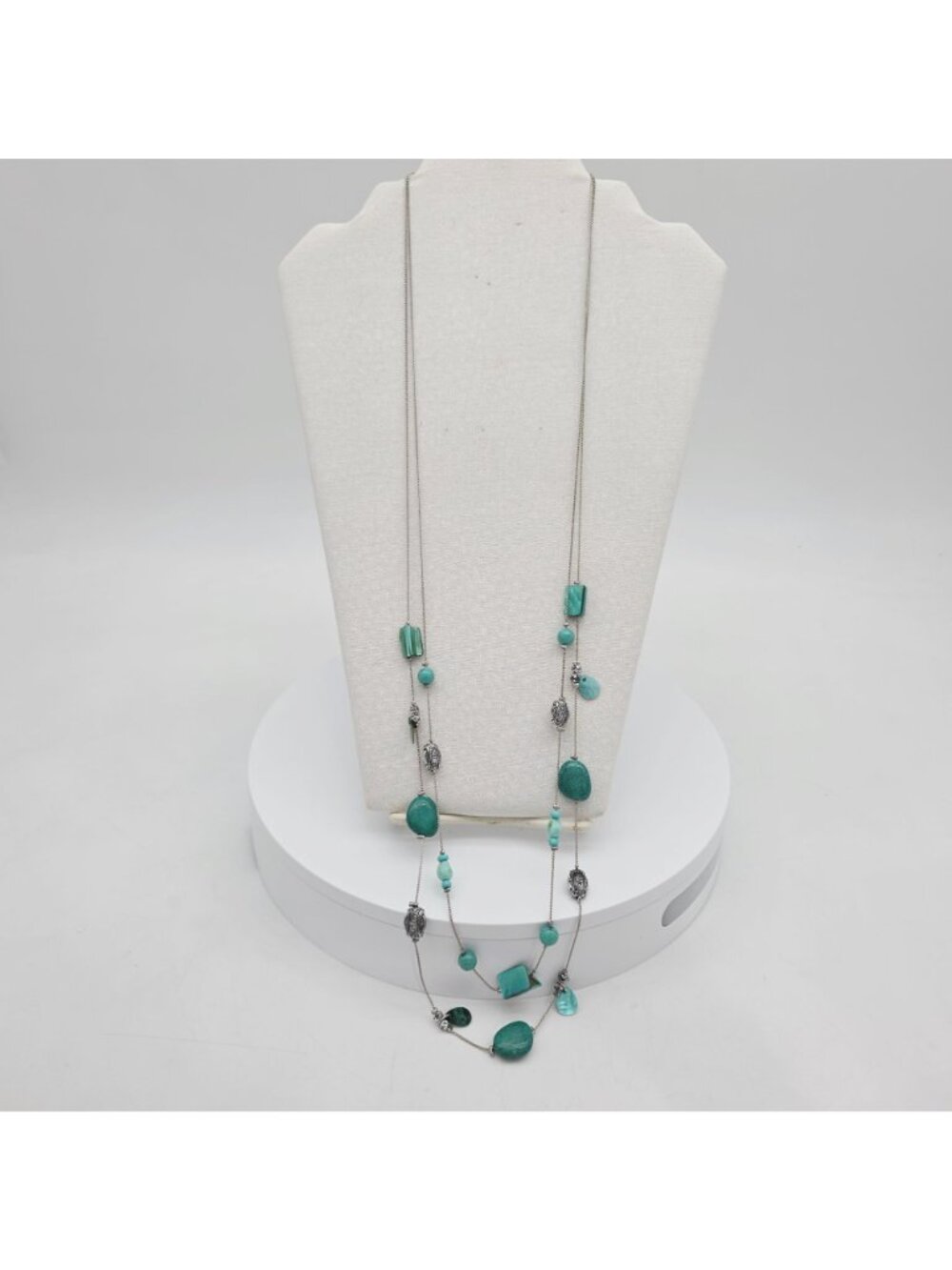 Multi-Strand Silver Necklace With Turquoise Beads & Shell Accents Lobster Clasp - Picture 2 of 7